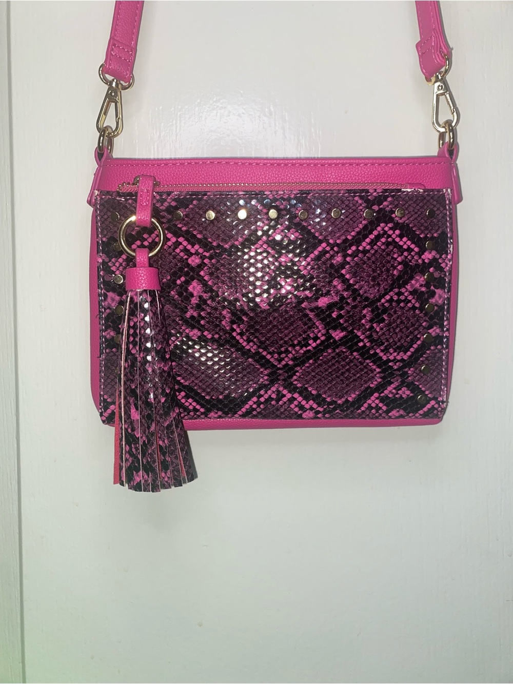 Pink Snakeskin-Pattern Crossbody Bag with Tassel